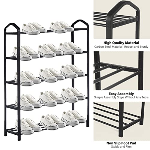 YSSOA 5-Tier Stackable Shoe Rack, 15-Pairs Sturdy Shoe Shelf Storage, Black Shoe Tower for Bedroom, Entryway, Hallway, and Closet