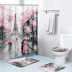 britimes 4 piece shower curtain sets, with 12 hooks, oil painting pink gray paris with non-slip rugs, toilet lid cover and bath mat, durable and waterproof, for bathroom decor set, 72" x 72"
