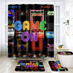 sddser games shower curtain set, 4pcs play game kids bathroom shower curtain sets with 72 in video game shower curtain and bath mat, toilet lid cover and u shaped rug, 12 hooks, setlssd92