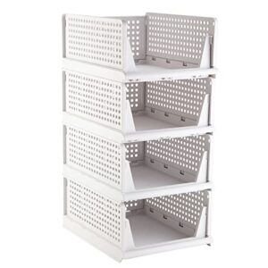 wdpuchu stackable plastic storage basket-foldable closet organizers and storage bins - drawer shelf storage container for wardrobe cupboard kitchen bathroom office (white large-4 pack)