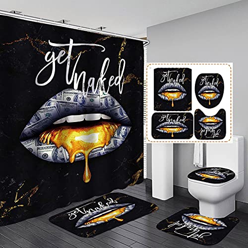 Camille&Andrew 4PCS/Set Luxury Black Gold Marble Texture Get Naked Shower Curtain, Cracked Lines Gold Paint Sexy Lips Funny Quotes Cool Modern Bathroom Decor, Non-Slip Bath Rugs, Hundred Dollar Bills