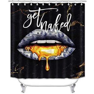 Camille&Andrew 4PCS/Set Luxury Black Gold Marble Texture Get Naked Shower Curtain, Cracked Lines Gold Paint Sexy Lips Funny Quotes Cool Modern Bathroom Decor, Non-Slip Bath Rugs, Hundred Dollar Bills