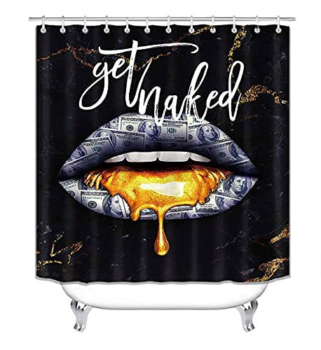 Camille&Andrew 4PCS/Set Luxury Black Gold Marble Texture Get Naked Shower Curtain, Cracked Lines Gold Paint Sexy Lips Funny Quotes Cool Modern Bathroom Decor, Non-Slip Bath Rugs, Hundred Dollar Bills