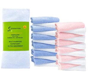 summermia bamboo washcloths 13" x 13" (2 x 12 pack) - soft wash cloths for your face towel, wash cloths for your body (white + blue + pink)