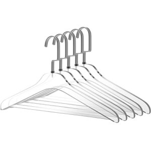 quality clear acrylic lucite coat suit hangers with bar – 5-pack, stylish clothes hanger with acrylic pant bar - coat hanger for dress, suit - closet organizer adult hangers (matte silver, 5)