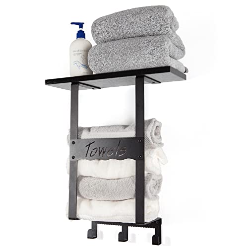 Lzziib Metal Towel Holder for Bathroom Wall with 3 Hooks and Wooden Shelf - Matte Black Towel Racks for Bathroom, Bathroom Shelf with Towel Hooks - Towel Storage for Bathroom Wall Decor