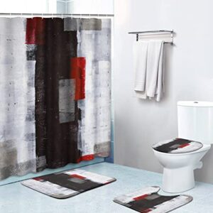 4 piece shower curtain sets, with 12 hooks, red grey black abstract contemporary gallery with non-slip rugs, toilet lid cover and bath mat, durable and waterproof, for bathroom decor set, 72" x 72"