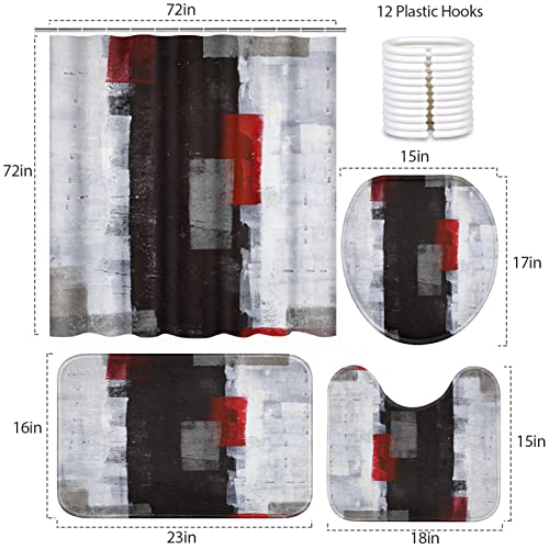 4 Piece Shower Curtain Sets, with 12 Hooks, Red Grey Black Abstract Contemporary Gallery with Non-Slip Rugs, Toilet Lid Cover and Bath Mat, Durable and Waterproof, for Bathroom Decor Set, 72" x 72"