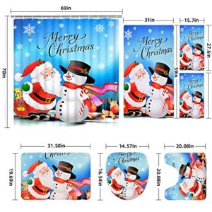 Likiyol 7 Pcs Christmas Shower Curtain Sets with Rugs and Towels, Include Non-Slip Rug, Toilet Lid Cover, Bath Mat and Towels, Santa Snowman Snowflake Shower Curtains with 12 Hooks