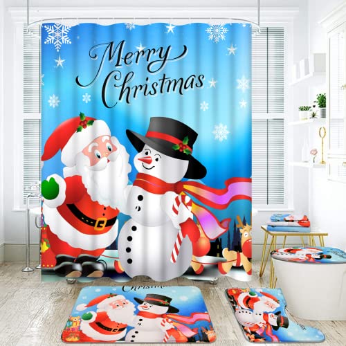 Likiyol 7 Pcs Christmas Shower Curtain Sets with Rugs and Towels, Include Non-Slip Rug, Toilet Lid Cover, Bath Mat and Towels, Santa Snowman Snowflake Shower Curtains with 12 Hooks