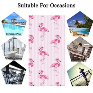 IUOCFER Lovely Flamingos Hand Towels Pink Animal Bath Towels Pink White Stripes Kitchen Dish Towels 13.6 X 29' for Household Daily Use | Home Decoration | Gym Spa