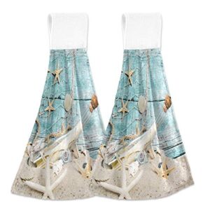 kocoart starfish and seashell bathroom hand towels beach sand wood hanging kitchen dish towel with loop 2pcs, soft super absorbent washcloth fingertip towel for home decor 12x17 in