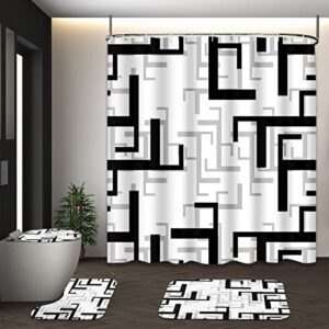 black grey shower curtain sets with toilet lid cover and non-slip rugs, retro geometric 4 pcs shower curtains for bathroom, rectangle abstract modern bathroom decor