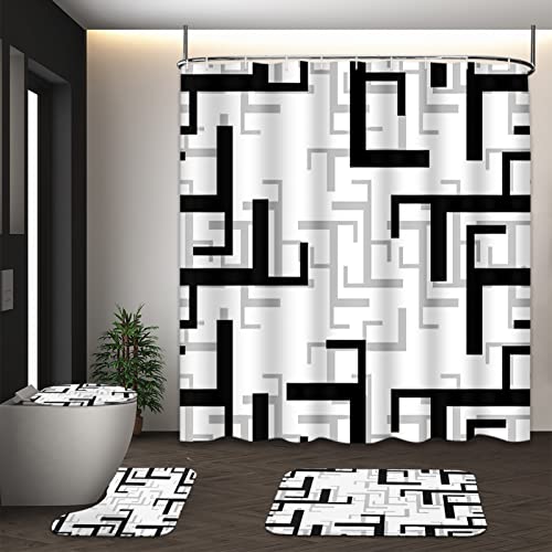 Black Grey Shower Curtain Sets with Toilet Lid Cover and Non-Slip Rugs, Retro Geometric 4 Pcs Shower Curtains for Bathroom, Rectangle Abstract Modern Bathroom Decor