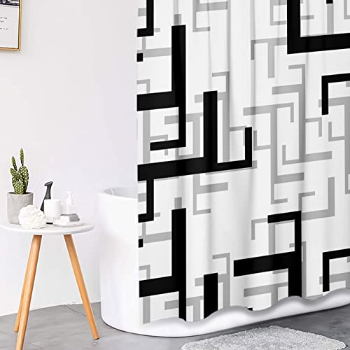 Black Grey Shower Curtain Sets with Toilet Lid Cover and Non-Slip Rugs, Retro Geometric 4 Pcs Shower Curtains for Bathroom, Rectangle Abstract Modern Bathroom Decor