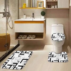 Black Grey Shower Curtain Sets with Toilet Lid Cover and Non-Slip Rugs, Retro Geometric 4 Pcs Shower Curtains for Bathroom, Rectangle Abstract Modern Bathroom Decor