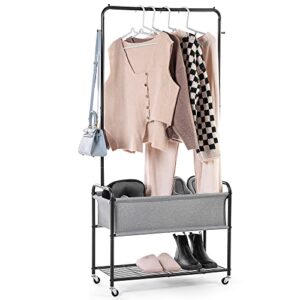 across-star metal garment rack with top rod and storage, rolling clothes rack, clothes hanging rack portable coat hanger holder for bedroom
