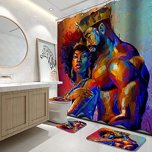 Lnond Shower Curtain Sets with Rugs and Toilet Lid Cover and Bath Mat for Bathroom, African American Lovers Couple Shower Curtain Sets with 12 Hooks, Waterproof Durable Bathroom Decor Set