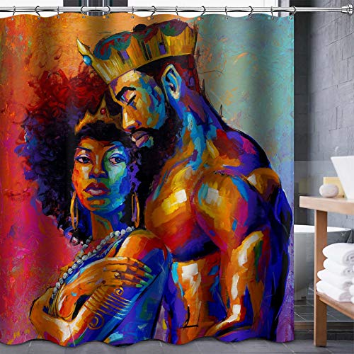 Lnond Shower Curtain Sets with Rugs and Toilet Lid Cover and Bath Mat for Bathroom, African American Lovers Couple Shower Curtain Sets with 12 Hooks, Waterproof Durable Bathroom Decor Set