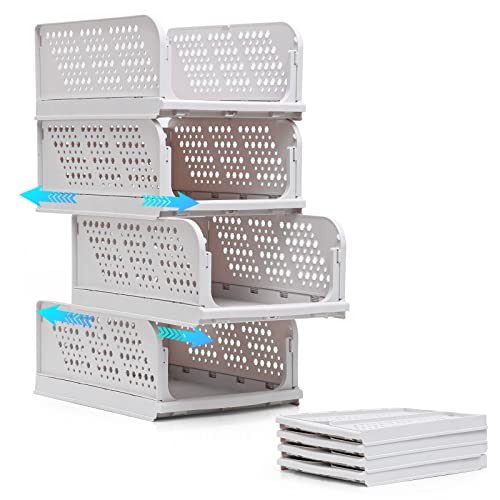 ELUCHANG Stackable Closet Organizers and Storage 16.93in 4 Packs Foldable Closet Organizer Drawers Shelves Collapsible Wardrobe Clothes Storage Bins Organization for Bedroom Bathroom Kitchen