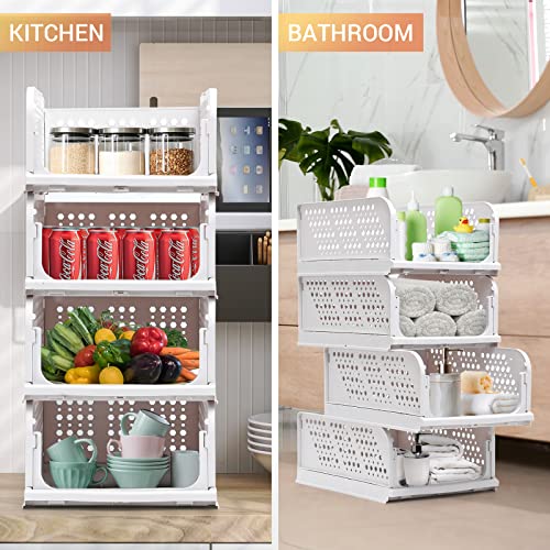 ELUCHANG Stackable Closet Organizers and Storage 16.93in 4 Packs Foldable Closet Organizer Drawers Shelves Collapsible Wardrobe Clothes Storage Bins Organization for Bedroom Bathroom Kitchen