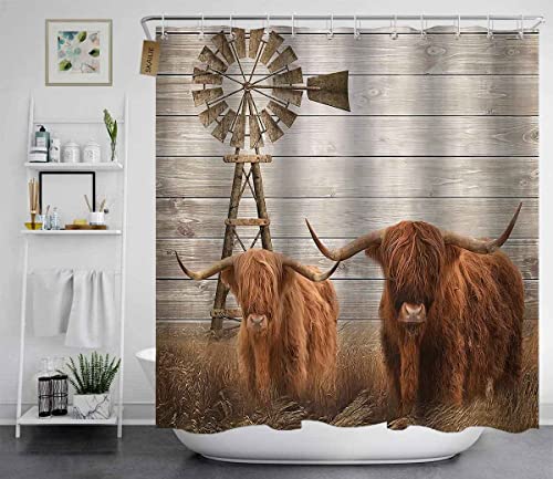 SKAILIÉ 4PCS Funny Highland Cow Shower Curtain Set, Farm Windmill Brown Cattle Bull Longhorn Wildlife Animal Western Country Rustic Farmhouse Bathroom Decor, Fabric Shower Curtain, Non-Slip Bath Mat