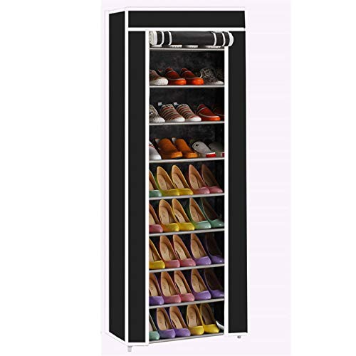 Room-Saving 10-Layers 9 Lattices Non-Woven Fabric Shoe Rack Black 10 Tiers Shoe Rack Stackable Narrow Expandable Non-Woven Fabric Storage Organizer Cabinet Tower Shelf Space Saving Assembly