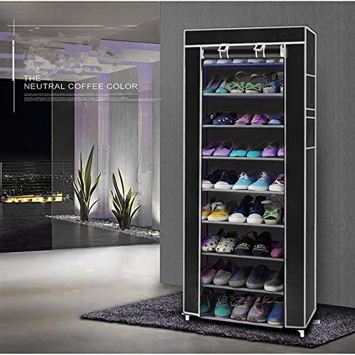 Room-Saving 10-Layers 9 Lattices Non-Woven Fabric Shoe Rack Black 10 Tiers Shoe Rack Stackable Narrow Expandable Non-Woven Fabric Storage Organizer Cabinet Tower Shelf Space Saving Assembly