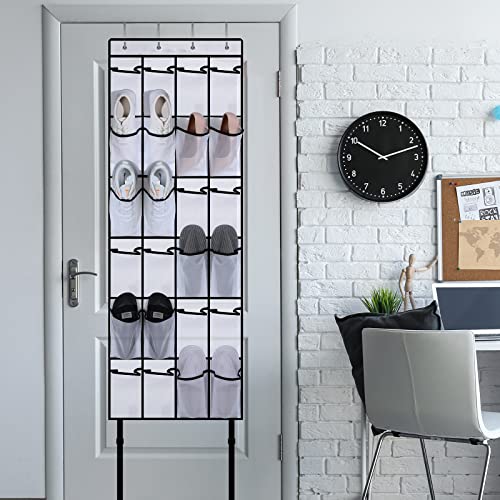 Sawysine 24 Large Pockets Hanging Shoe Organizer over The Door Rack with 6 Hooks & 2 Fixed Rope for Closet Wall Storage Clear Mesh Holder Hanger Caddy Men Women Sneakers, White, 59x22 Inch