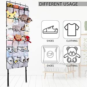 Sawysine 24 Large Pockets Hanging Shoe Organizer over The Door Rack with 6 Hooks & 2 Fixed Rope for Closet Wall Storage Clear Mesh Holder Hanger Caddy Men Women Sneakers, White, 59x22 Inch