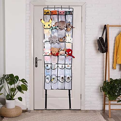 Sawysine 24 Large Pockets Hanging Shoe Organizer over The Door Rack with 6 Hooks & 2 Fixed Rope for Closet Wall Storage Clear Mesh Holder Hanger Caddy Men Women Sneakers, White, 59x22 Inch