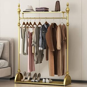 Clothing Rack Gold, Industrial Clothes Rack for hanging Clothes with Double Shelves Freestanding Multi-functional Heavy Duty Garment Rack, Metal Movable Portable Coat Rack for Organizing Clothes Shoes