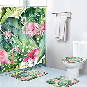 britimes 4 piece shower curtain sets, with 12 hooks, tropical leaf flamingo with non-slip rugs, toilet lid cover and bath mat, durable and waterproof, for bathroom decor set, 72" x 72"