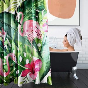 Britimes 4 Piece Shower Curtain Sets, with 12 Hooks, Tropical Leaf Flamingo with Non-Slip Rugs, Toilet Lid Cover and Bath Mat, Durable and Waterproof, for Bathroom Decor Set, 72" x 72"