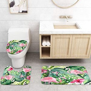 Britimes 4 Piece Shower Curtain Sets, with 12 Hooks, Tropical Leaf Flamingo with Non-Slip Rugs, Toilet Lid Cover and Bath Mat, Durable and Waterproof, for Bathroom Decor Set, 72" x 72"