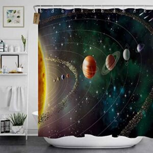 SKAILIÉ 4PCS Outer Space Shower Curtain Set, Sun Mercury Venus Earth Mars Jupiter Saturn Uranus Neptune Starry Sky Galaxy Universe Milky Way Solar System Educational Bathroom Decor, Non-Slip Bath Mat