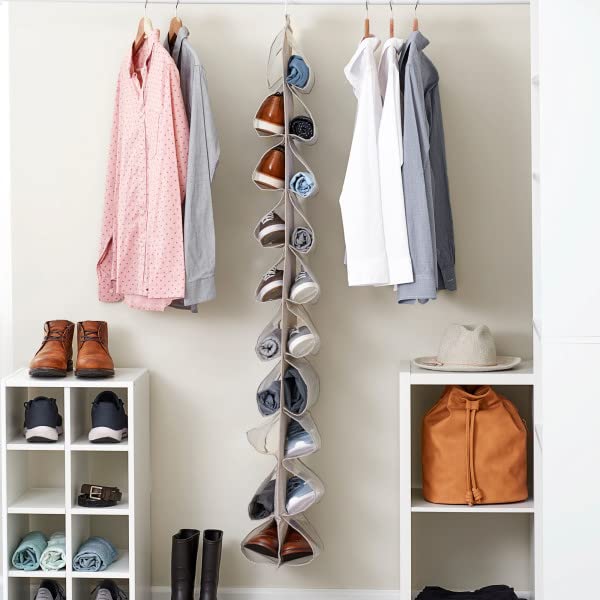 Household Essentials 20-Pocket Closet Shoe File, Single Hook System, Light Grey