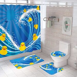 posienr 4 piece cartoon yellow duck shower curtain set, blue ocean waves bathroom set includes non-slip carpet, toilet seat and u-pad, waterproof shower curtain with 12 hooks for bathroom decor