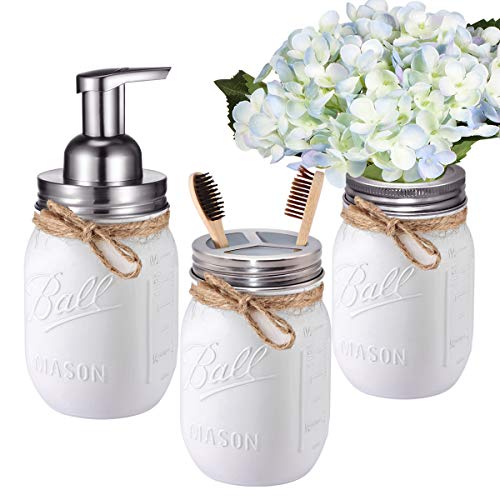 Mason Jar Bathroom Set（3 Piece）-Foaming Soap Dispenser, Toothbrush Holder,Flower Vase,for Wedding House Decor Countertop and Vanity Organizer Bathroom Kitchen Farmhouse Décor (Brushed Nickel