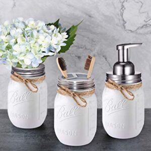 Mason Jar Bathroom Set（3 Piece）-Foaming Soap Dispenser, Toothbrush Holder,Flower Vase,for Wedding House Decor Countertop and Vanity Organizer Bathroom Kitchen Farmhouse Décor (Brushed Nickel