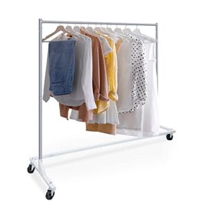 super deal heavy duty clothes rack z base commercial grade garment rack on wheels rolling clothes hanging organizer, all steel frame 220lbs capacity, silver/white