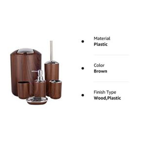 Bathroom Accessories Set 6 Piece Plastic Bath Ensemble Soap Dispenser Toothbrush Holder, Tumbler Soap Dish Soap Saver Trash Can Toilet Brush Holder Decorative Countertop Bathroom Accessoy Set (Brown)