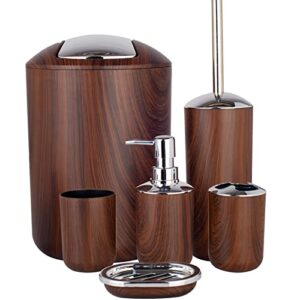 bathroom accessories set 6 piece plastic bath ensemble soap dispenser toothbrush holder, tumbler soap dish soap saver trash can toilet brush holder decorative countertop bathroom accessoy set (brown)