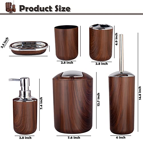 Bathroom Accessories Set 6 Piece Plastic Bath Ensemble Soap Dispenser Toothbrush Holder, Tumbler Soap Dish Soap Saver Trash Can Toilet Brush Holder Decorative Countertop Bathroom Accessoy Set (Brown)