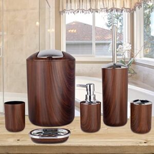 Bathroom Accessories Set 6 Piece Plastic Bath Ensemble Soap Dispenser Toothbrush Holder, Tumbler Soap Dish Soap Saver Trash Can Toilet Brush Holder Decorative Countertop Bathroom Accessoy Set (Brown)