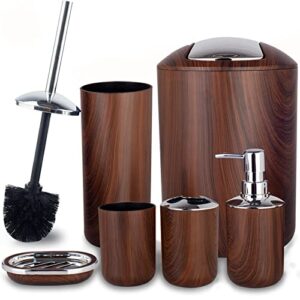 Bathroom Accessories Set 6 Piece Plastic Bath Ensemble Soap Dispenser Toothbrush Holder, Tumbler Soap Dish Soap Saver Trash Can Toilet Brush Holder Decorative Countertop Bathroom Accessoy Set (Brown)