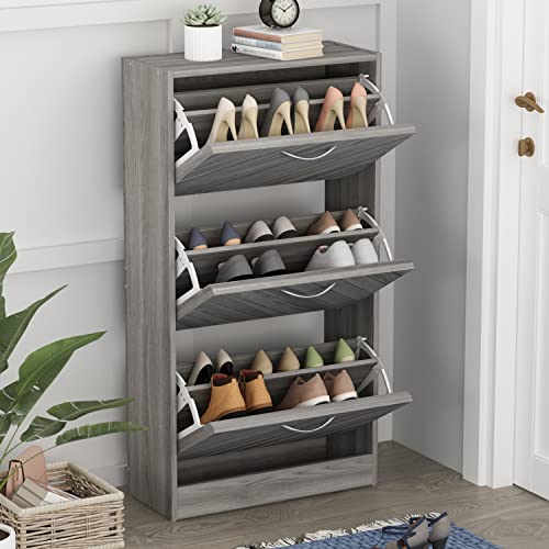 Homsee Modern Shoe Storage Cabinet with 3 Flip Drawers & Twill Louver Doors, Wood 3-Tier Shoe Rack Storage Organizer for Entryway, Hallway & Bedroom, Grey (22.4”L x 9.4”W x 42.3”H)