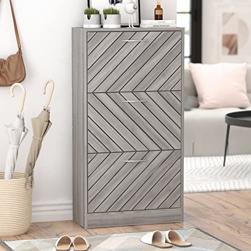 Homsee Modern Shoe Storage Cabinet with 3 Flip Drawers & Twill Louver Doors, Wood 3-Tier Shoe Rack Storage Organizer for Entryway, Hallway & Bedroom, Grey (22.4”L x 9.4”W x 42.3”H)