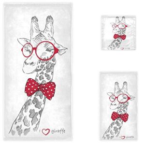 naanle stylish giraffe with glasses and tie soft set of 3 towels, 1 bath towel+1 hand towel+1 washcloth, multipurpose for bathroom, hotel, gym, spa and beach(white)