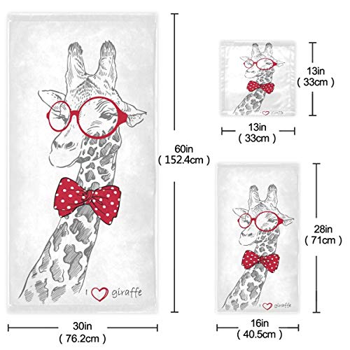 Naanle Stylish Giraffe with Glasses and Tie Soft Set of 3 Towels, 1 Bath Towel+1 Hand Towel+1 Washcloth, Multipurpose for Bathroom, Hotel, Gym, Spa and Beach(White)